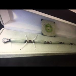 Green Jade and Ruby Sterling Silver Bracelet